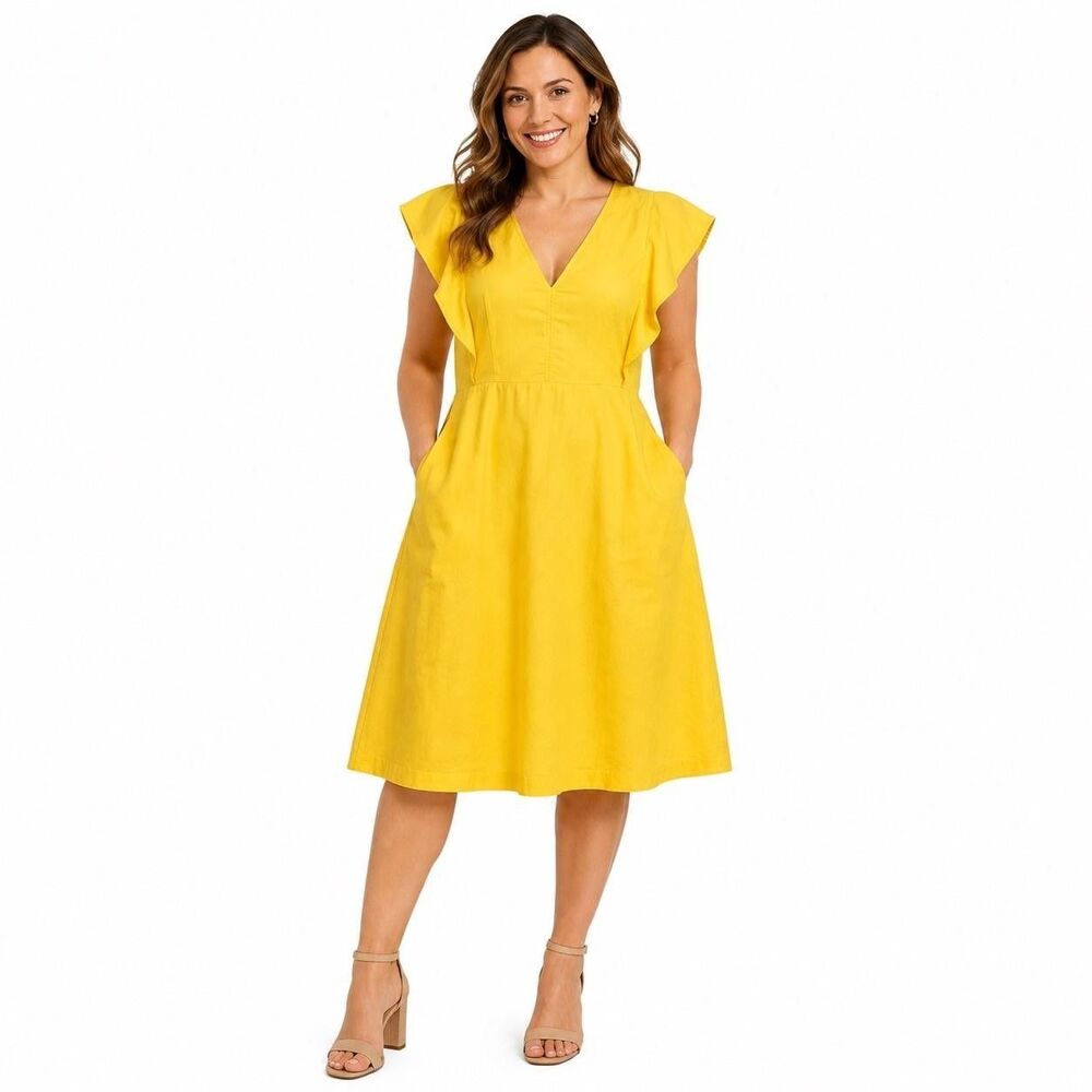 Ann Taylor Yellow V-Neck Flutter Sleeve A-Line Dress